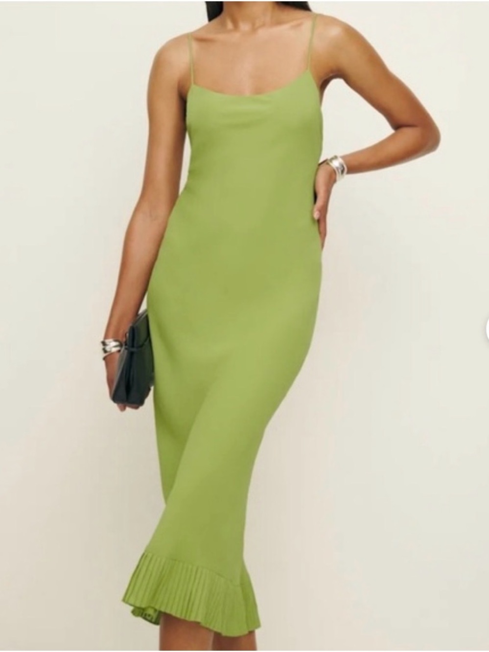 Reformation Lime Green Slip Midi Dress with Pleated Hem